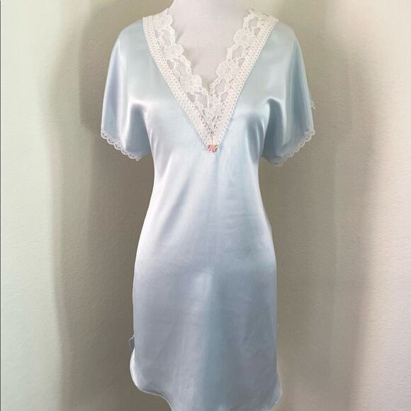 Vintage Honors Intimate Nightgown Satin Aqua Blue Sheer Lace Medium/Large - Picture 12 of 15